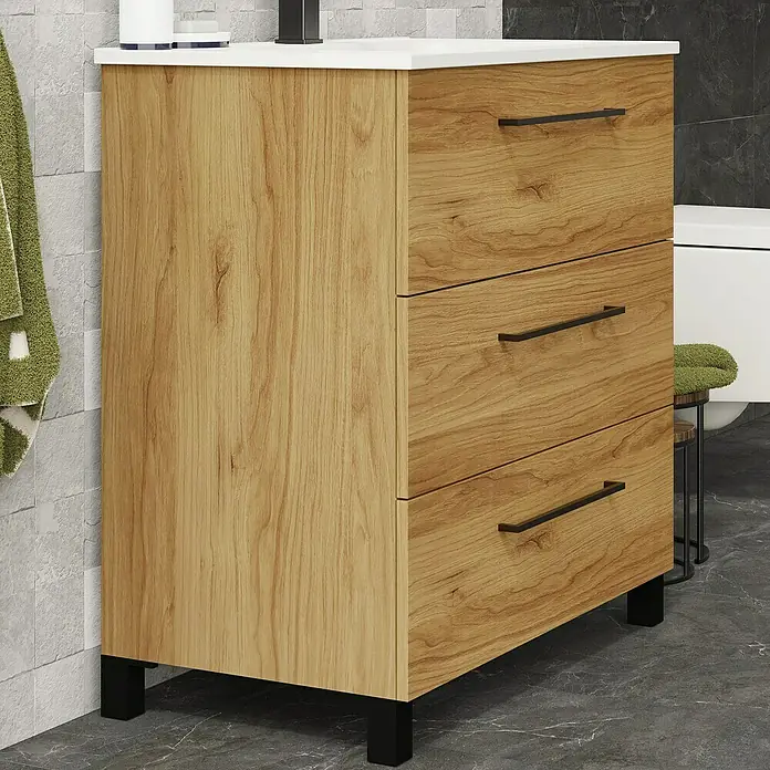 Artysan Conjunto de mueble de baño Arosa 3C - Ancho: 80 cm, 3 pzs., Teka, Mate - Un mueble de baño con tres cajones y tiradores negros, que ofrece un diseño moderno y elegante para cualquier baño.
