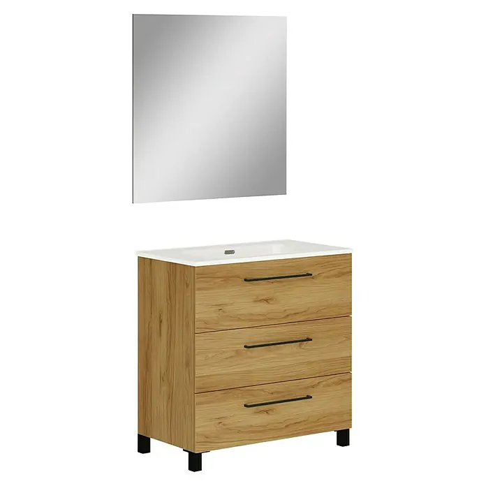 Artysan Conjunto de mueble de baño Arosa 3C - Ancho: 80 cm, 3 pzs., Teka, Mate - Moderno mueble de baño con tres cajones y espejo rectangular, perfecto para un baño con estilo.