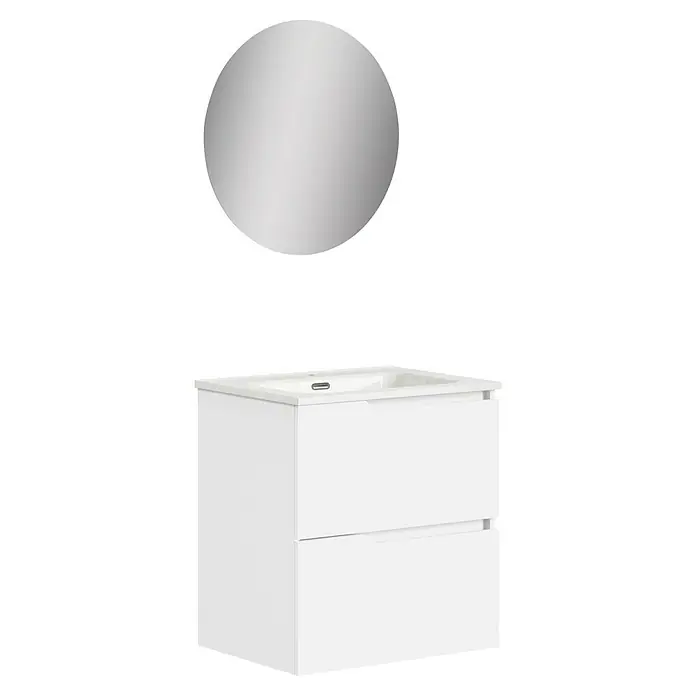 Artysan Conjunto de mueble de baño Zeus - Ancho: 60 cm, 3 pzs., Blanco, Mate - Elegante conjunto de baño con espejo redondo y mueble de lavabo blanco con cajones, ideal para un baño moderno y con estilo.
