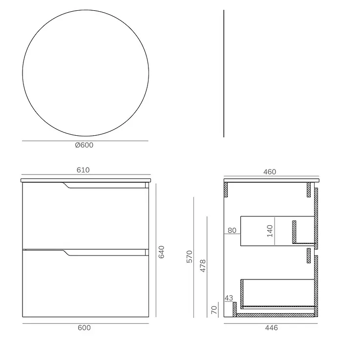 Artysan Conjunto de mueble de baño Zeus - Ancho: 60 cm, 3 pzs., Teka, Mate - Dibujo de un espejo redondo y un mueble de baño con cajones, incluyendo dimensiones detalladas.