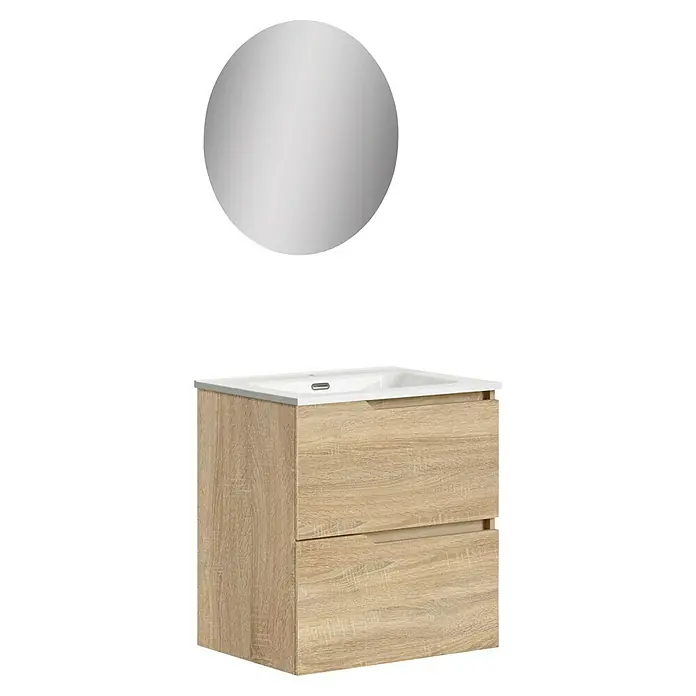 Artysan Conjunto de mueble de baño Zeus - Ancho: 60 cm, 3 pzs., Natural, Mate - Un moderno mueble de baño con un espejo redondo encima. El mueble impresiona con su decoración de madera clara y líneas limpias.