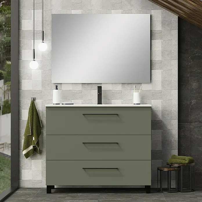 Artysan Conjunto de mueble de baño Arosa 3C - Ancho: 100 cm, 3 pzs., Verde musgo, Mate - Mueble de tocador moderno en verde oliva con tres cajones, lavabo negro y espejo grande para un baño elegante.
