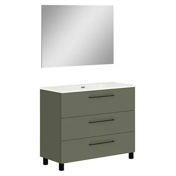 Artysan Conjunto de mueble de baño Arosa 3C - Ancho: 100 cm, 3 pzs., Verde musgo, Mate - Un tocador moderno con tres cajones verde oliva y una encimera blanca, con un espejo rectangular colgando encima.
