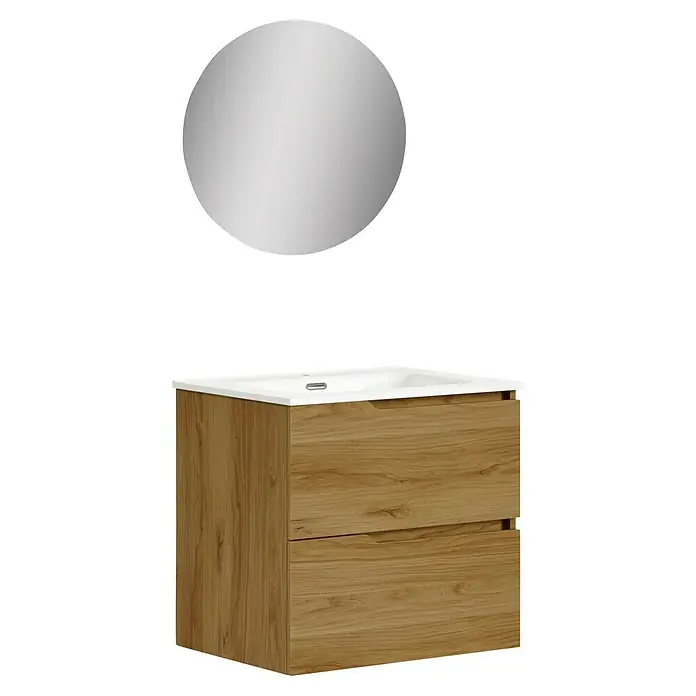 Artysan Conjunto de mueble de baño Zeus - Ancho: 60 cm, 3 pzs., Teka, Mate - Un mueble de baño de madera clara con un espejo redondo encima. El lavabo está integrado en la encimera blanca.