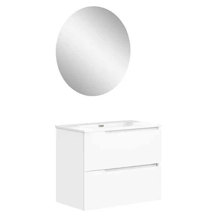 Artysan Conjunto de mueble de baño Zeus - Ancho: 80 cm, 3 pzs., Blanco, Mate - Un moderno mueble de baño blanco con dos cajones y un espejo redondo encima. Diseño de baño elegante.