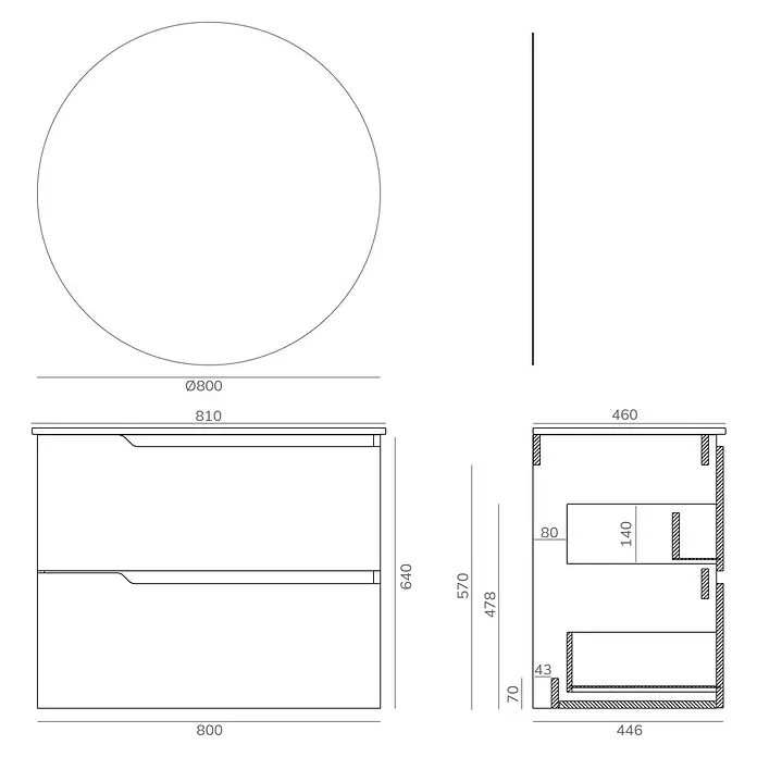 Artysan Conjunto de mueble de baño Zeus - Ancho: 80 cm, 3 pzs., Teka, Mate - Imagen del producto con dimensiones para mueble de lavabo con espejo redondo, ideal para diseño de baño moderno.