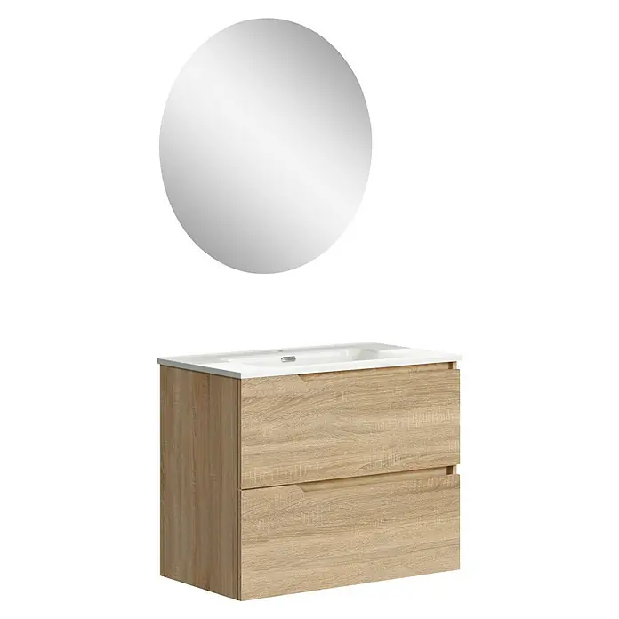 Artysan Conjunto de mueble de baño Zeus - Ancho: 80 cm, 3 pzs., Natural, Mate - Mueble de baño moderno con mueble de madera clara y espejo redondo para un ambiente de baño elegante.