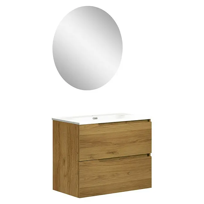 Artysan Conjunto de mueble de baño Zeus - Ancho: 80 cm, 3 pzs., Teka, Mate - Un moderno mueble de baño con dos cajones con aspecto de madera y un espejo redondo encima. Diseño de baño atemporal.