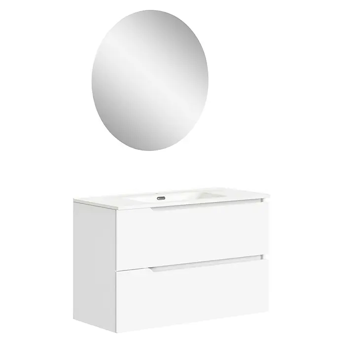 Artysan Conjunto de mueble de baño Zeus - Ancho: 100 cm, 3 pzs., Blanco, Mate - Un moderno mueble de lavabo blanco con dos cajones y un espejo redondo encima. Ideal para un baño elegante.