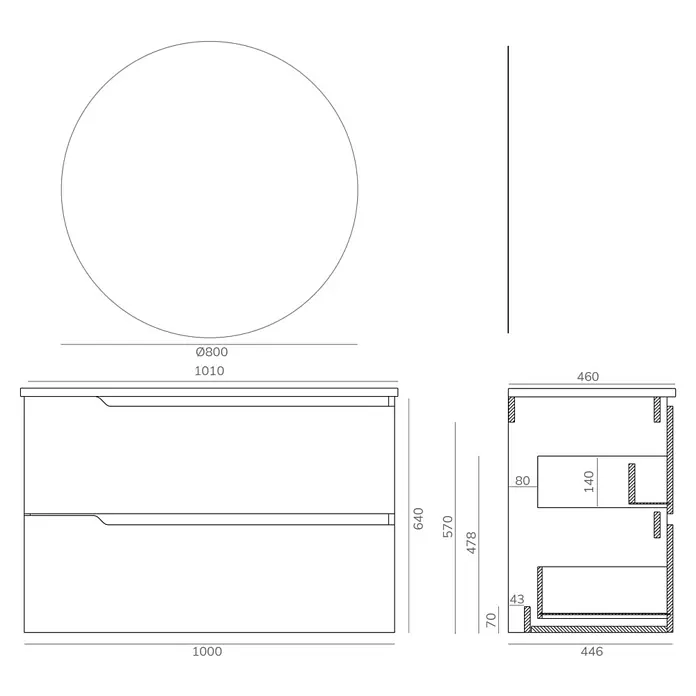 Artysan Conjunto de mueble de baño Zeus - Ancho: 100 cm, 3 pzs., Teka, Mate - Dibujo técnico de un mueble de baño con cajones y espejo redondo. Las dimensiones están indicadas.