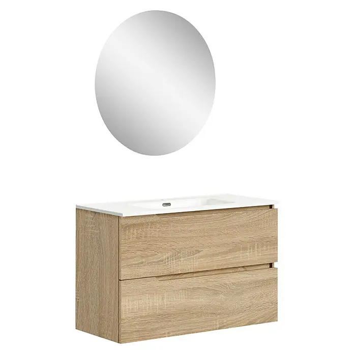 Artysan Conjunto de mueble de baño Zeus - Ancho: 100 cm, 3 pzs., Natural, Mate - Mueble de baño moderno con lavabo y espejo redondo para un ambiente elegante. El acabado en madera aporta calidez y elegancia al baño.