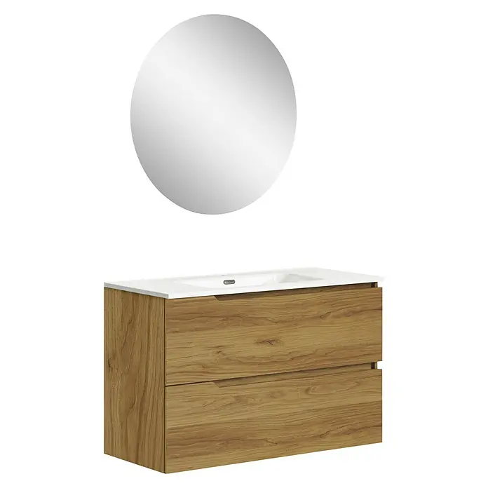 Artysan Conjunto de mueble de baño Zeus - Ancho: 100 cm, 3 pzs., Teka, Mate - Un lavabo de baño moderno con un tocador de madera clara y un espejo redondo encima.