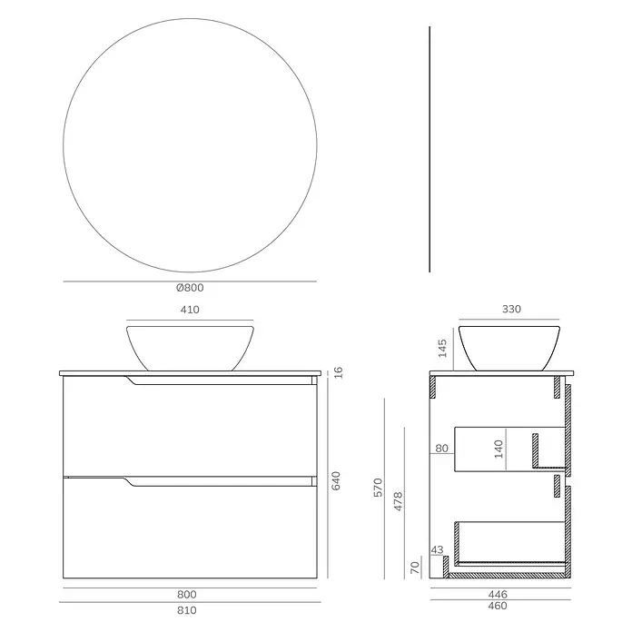 Artysan Conjunto de mueble de baño Zeus Top - Ancho: 80 cm, 4 pzs., Teka, Mate - Dibujo técnico de un mueble de baño con espejo redondo, lavabo sobre encimera y dimensiones para diseño e instalación.