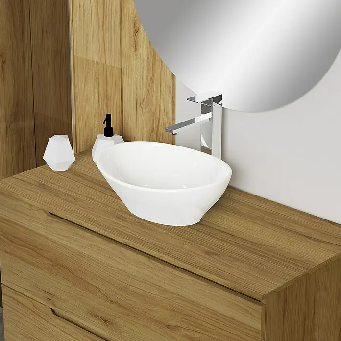 Artysan Conjunto de mueble de baño Zeus Top - Ancho: 100 cm, 4 pzs., Teka, Mate - Un mueble de baño con un moderno lavabo de cerámica ovalado y un grifo en un elegante ambiente de baño.