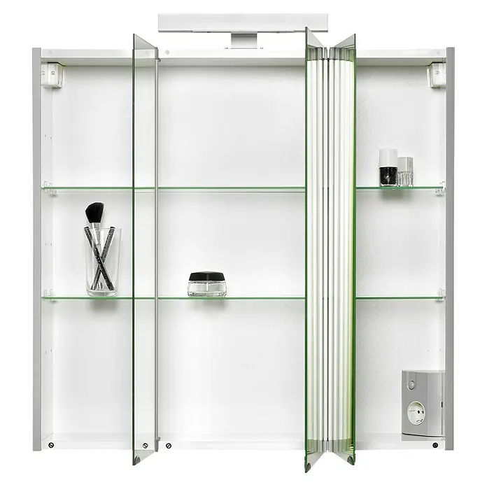 Jokey Spiegelschrank Mandiol III - B x H: 75 x 75 cm, Holz, Weiß - Ein offener Badezimmerschrank mit Glasregalen und verschiedenen Badartikeln präsentiert seine Funktionalität und sein modernes Design.