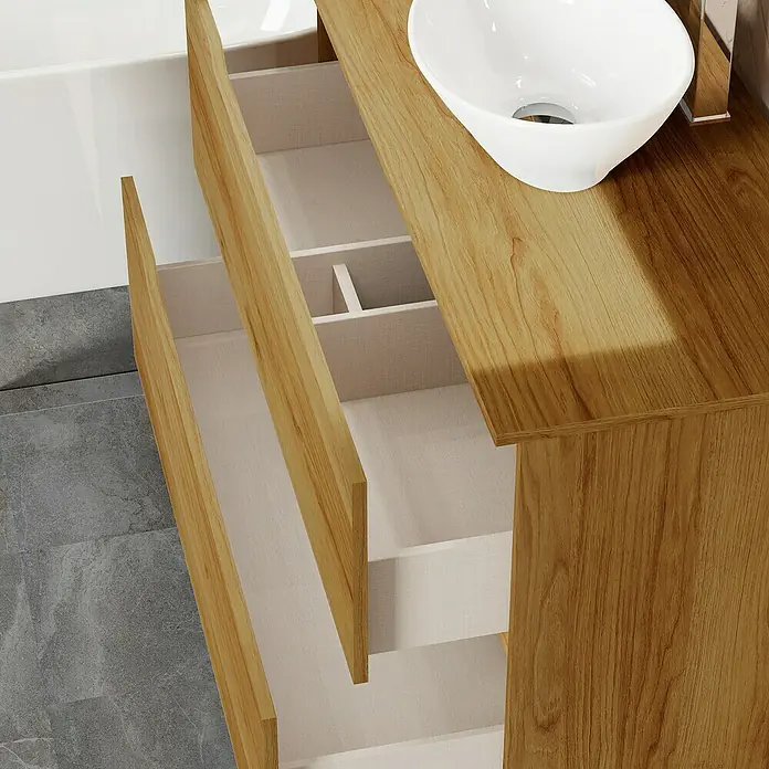 Artysan Conjunto de mueble de baño Zeus Top - Ancho: 100 cm, 4 pzs., Teka, Mate - Un moderno mueble de baño de madera con cajones abiertos y un elegante lavabo sobre encimera blanco. Perfecto para un baño con estilo.
