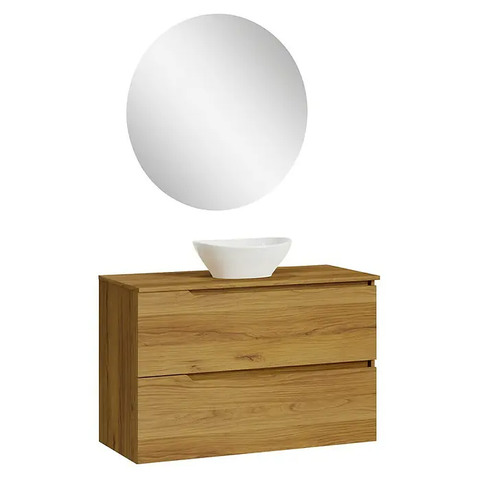 Artysan Conjunto de mueble de baño Zeus Top - Ancho: 100 cm, 4 pzs., Teka, Mate - Mueble de baño con dos cajones de aspecto madera y espejo redondo encima para un ambiente moderno.