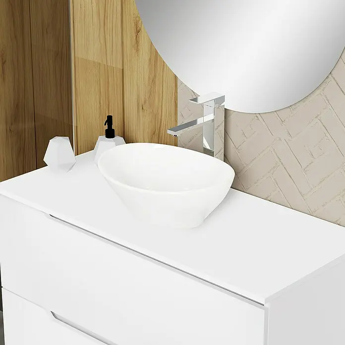 Artysan Conjunto de mueble de baño Zeus Top - Ancho: 100 cm, 4 pzs., Blanco, Mate - Primer plano de un baño moderno con espejo redondo, lavabo de bol blanco y revestimiento de madera en la pared.