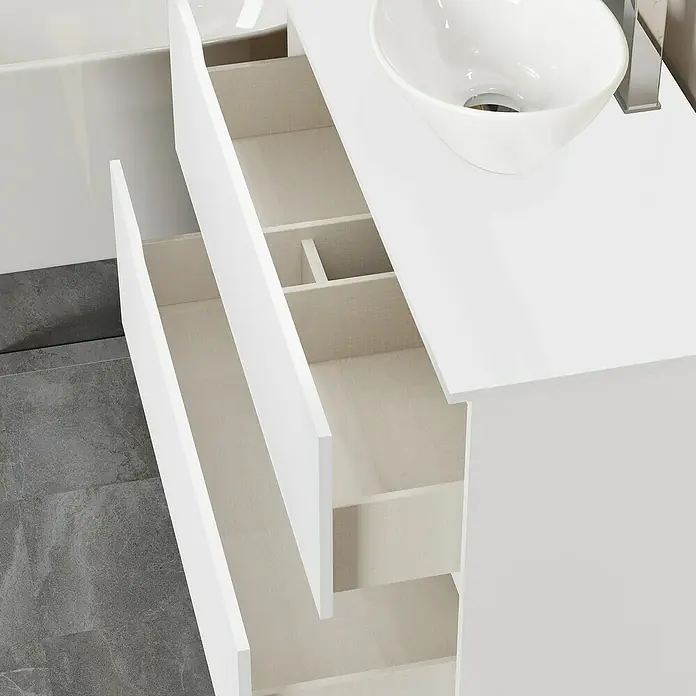 Artysan Conjunto de mueble de baño Zeus Top - Ancho: 100 cm, 4 pzs., Blanco, Mate - Un moderno mueble de baño en blanco con cajones abiertos y un elegante lavabo sobre encimera.