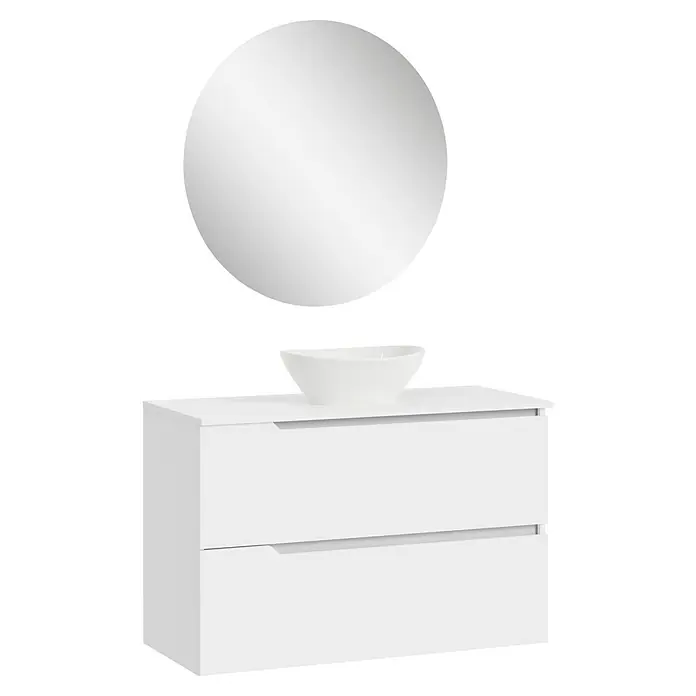 Artysan Conjunto de mueble de baño Zeus Top - Ancho: 100 cm, 4 pzs., Blanco, Mate - Moderno conjunto de baño con lavabo, mueble con cajones y espejo redondo para un ambiente elegante.
