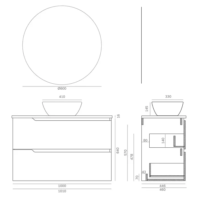 Artysan Conjunto de mueble de baño Zeus Top - Ancho: 100 cm, 4 pzs., Blanco, Mate - Esquema del mueble de baño con espejo redondo y dimensiones.
