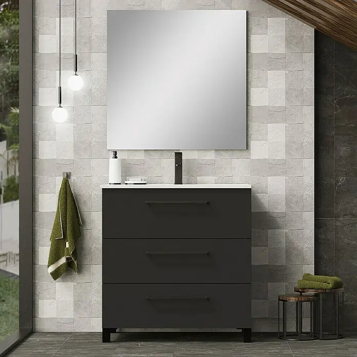 Artysan Conjunto de mueble de baño Arosa 3C - Ancho: 80 cm, 3 pzs., Negro, Mate - Elegante baño con un moderno tocador gris con tres cajones, un lavabo blanco y un espejo cuadrado.