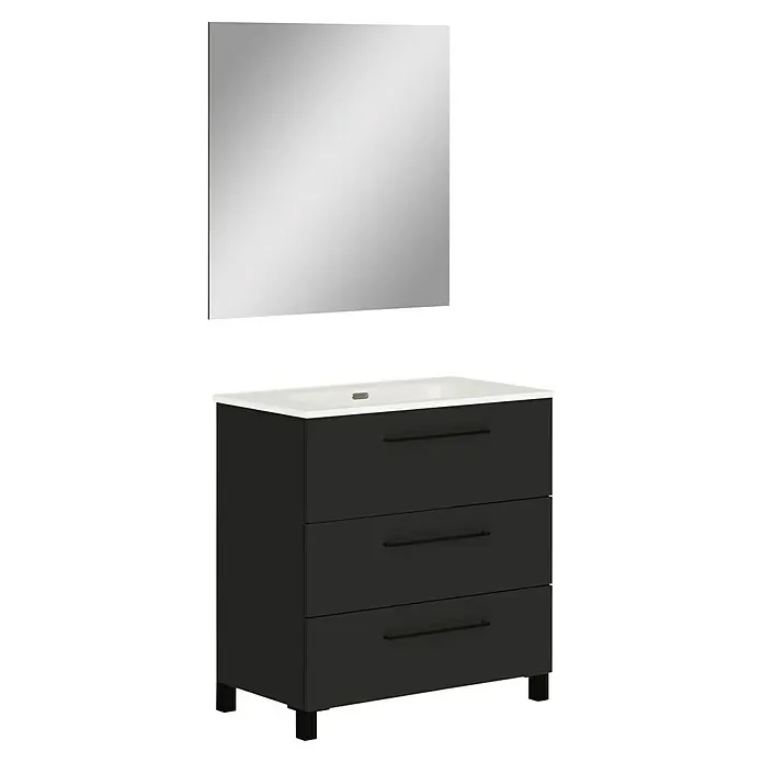 Artysan Conjunto de mueble de baño Arosa 3C - Ancho: 80 cm, 3 pzs., Negro, Mate - Moderno mueble de baño con tres cajones en antracita y un espejo grande. Diseño elegante para cualquier baño.