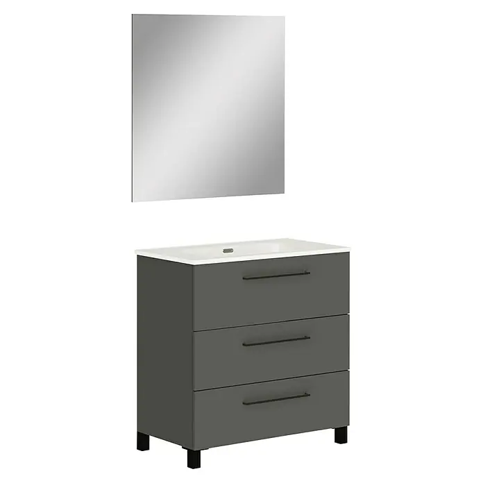 Artysan Conjunto de mueble de baño Arosa 3C - Ancho: 80 cm, 3 pzs., Antracita, Mate - Moderno juego de baño con mueble de lavabo gris con cajones y espejo rectangular para un ambiente elegante.