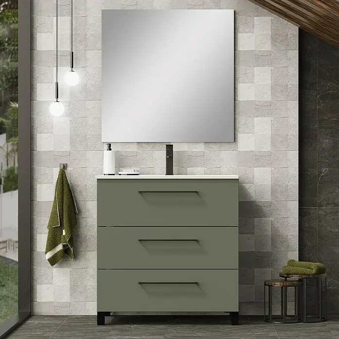 Artysan Conjunto de mueble de baño Arosa 3C - Ancho: 80 cm, 3 pzs., Verde musgo, Mate - Elegante mueble de baño en verde oliva con tres cajones, complementado con un espejo sencillo y luminarias elegantes.