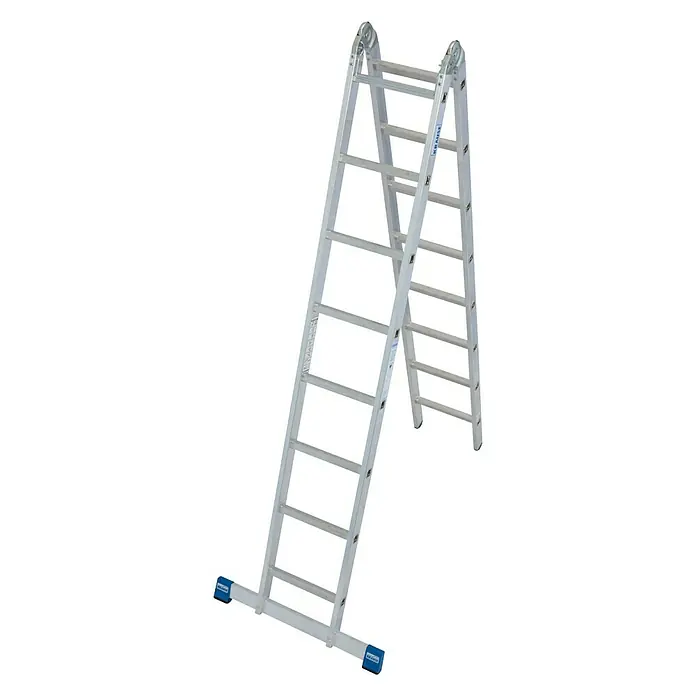 Krause Stabilo Sprossen-Gelenk-DoppelleiterArbeitshöhe: 5,5 m, 16 Stk., Aluminium - Eine silberne Klappleiter mit blauen Fußkappen, ideal für Bauarbeiten und Heimwerkerprojekte, steht auf weißem Hintergrund.