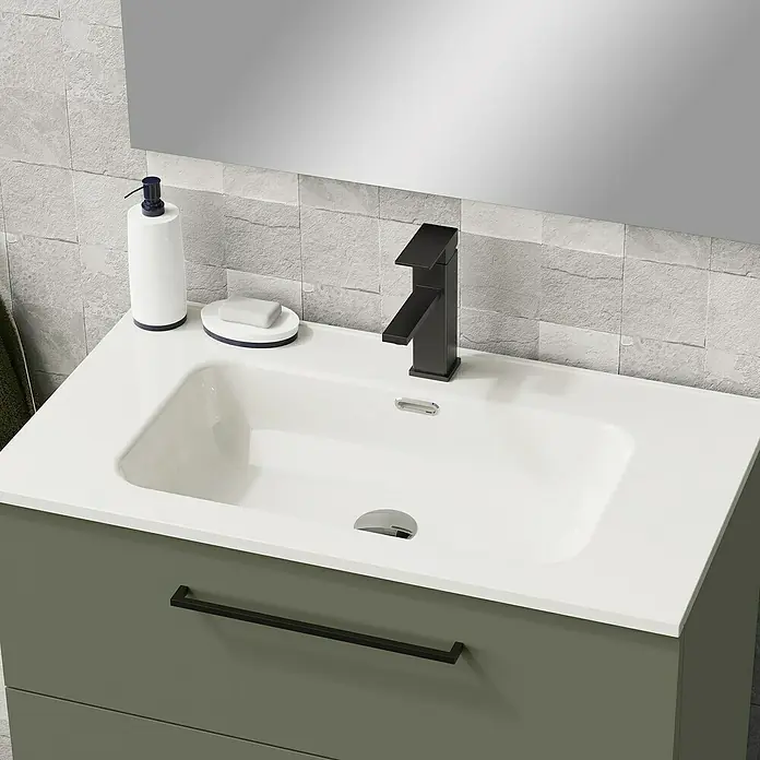 Artysan Conjunto de mueble de baño Arosa 3C - Ancho: 80 cm, 3 pzs., Verde musgo, Mate - Elegante mueble de baño verde con lavabo blanco, grifo negro y toallero para un baño moderno y organizado.