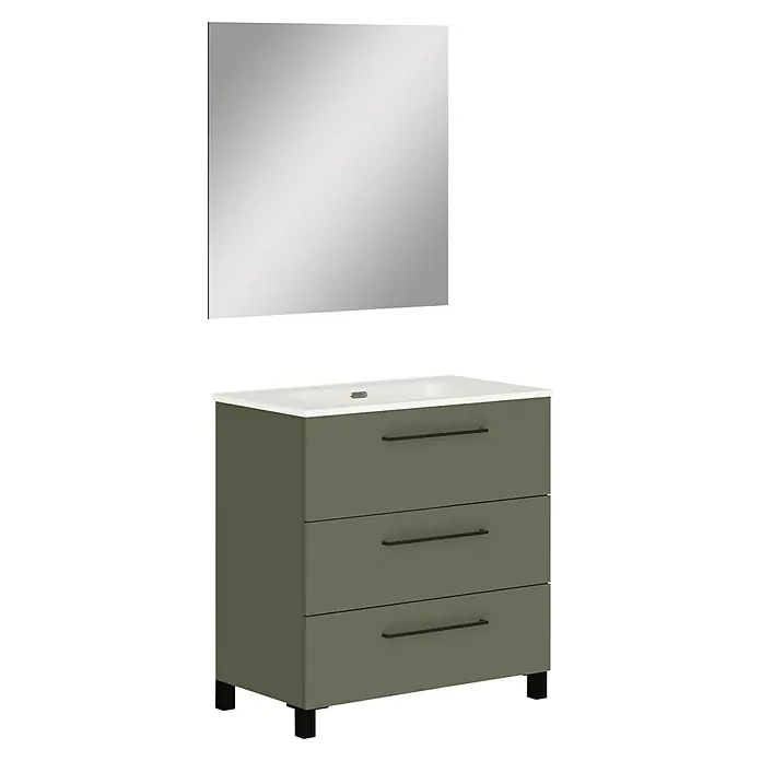 Artysan Conjunto de mueble de baño Arosa 3C - Ancho: 80 cm, 3 pzs., Verde musgo, Mate - Elegante mueble de baño con tres cajones y espejo a juego para un ambiente elegante en el baño.