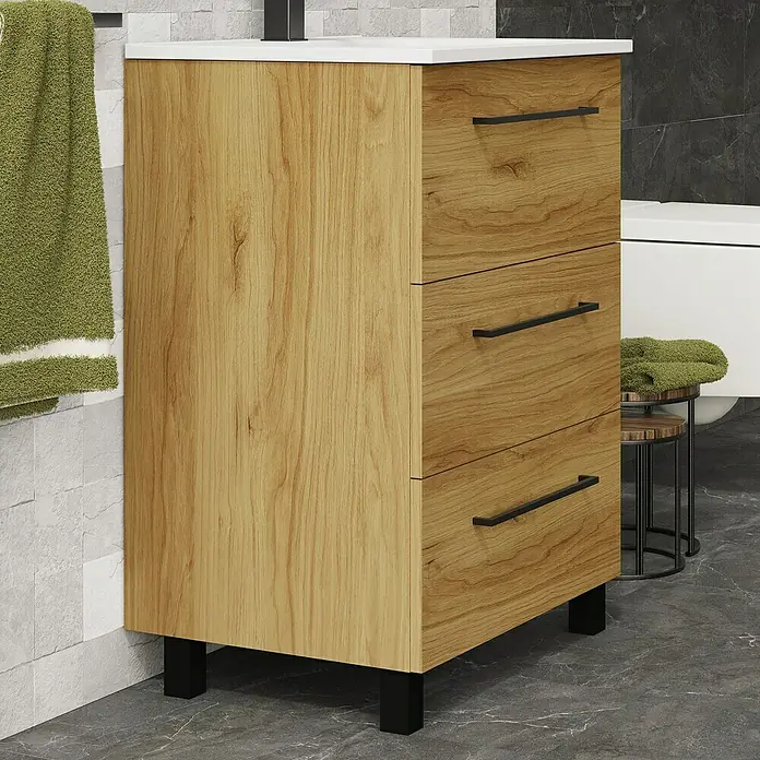 Artysan Conjunto de mueble de baño Arosa 3C - Ancho: 60 cm, 3 pzs., Teka, Mate - Mueble de baño de madera clara con tres cajones y tiradores negros, ideal para un baño elegante.