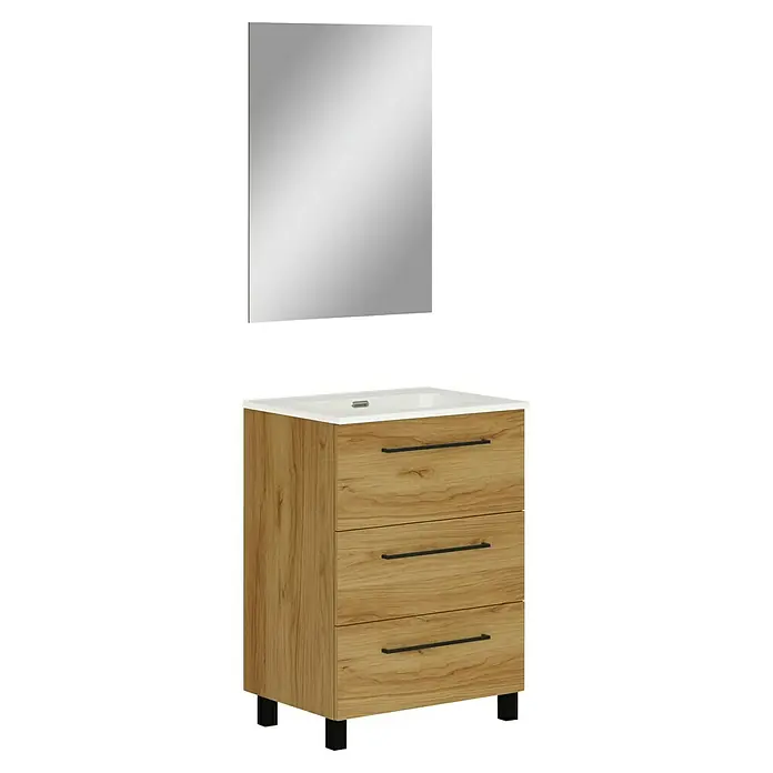 Artysan Conjunto de mueble de baño Arosa 3C - Ancho: 60 cm, 3 pzs., Teka, Mate - Elegante mueble de baño de madera con lavabo blanco integrado y espejo a juego. Perfecto para añadir un toque de elegancia a cualquier baño moderno.