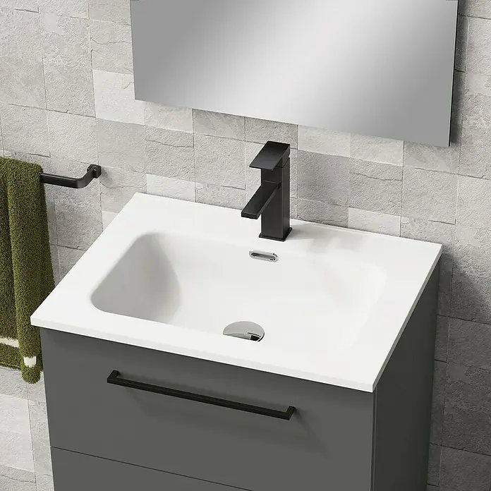Artysan Conjunto de mueble de baño Arosa 3C - Ancho: 60 cm, 3 pzs., Antracita, Mate - Mueble de baño moderno con armario gris, lavabo blanco y grifería negra elegante. Estético y funcional para cualquier baño.