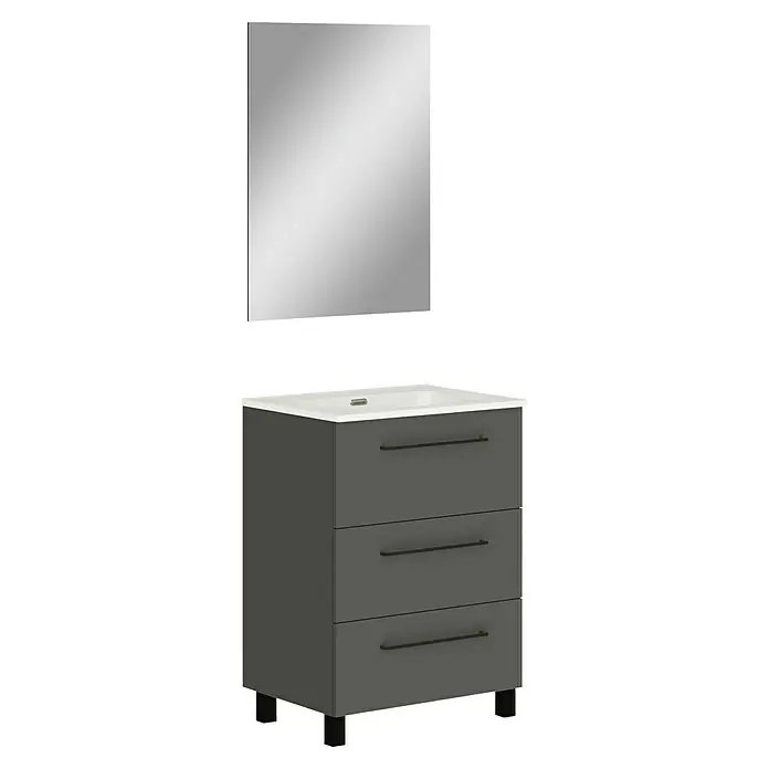 Artysan Conjunto de mueble de baño Arosa 3C - Ancho: 60 cm, 3 pzs., Antracita, Mate - Mueble de lavabo gris con tres cajones y un espejo. El lavabo es blanco.