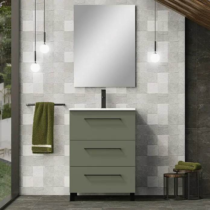 Artysan Conjunto de mueble de baño Arosa 3C - Ancho: 60 cm, 3 pzs., Verde musgo, Mate - Tocador de baño moderno verde oliva con tres cajones y grifo negro que ofrece almacenamiento elegante y un diseño minimalista.