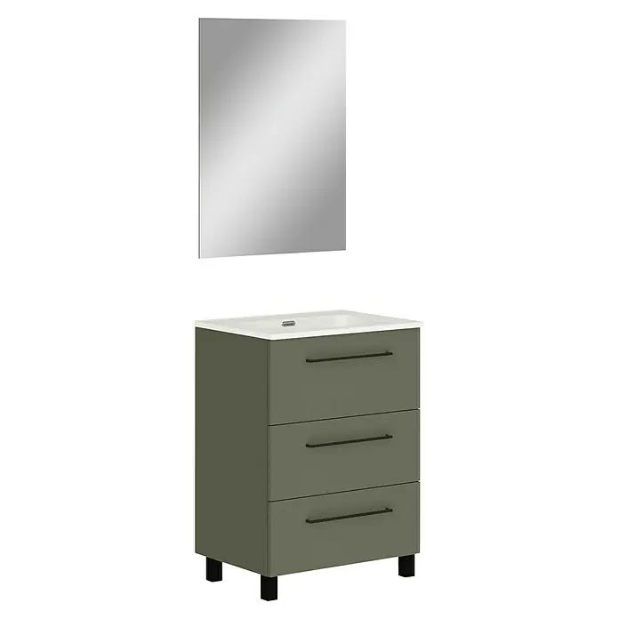 Artysan Conjunto de mueble de baño Arosa 3C - Ancho: 60 cm, 3 pzs., Verde musgo, Mate - Mueble de lavabo gris verdoso con tres cajones y espejo cuadrado encima. Elegante conjunto de baño.