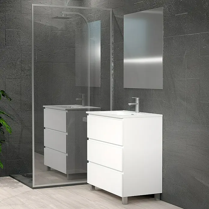 Artysan Conjunto de mueble de baño Patri - Ancho: 80 cm, 3 pzs., Blanco, Mate - Mueble de baño con tres cajones y tiradores cromados en un baño moderno con azulejos grises y ducha de cristal.