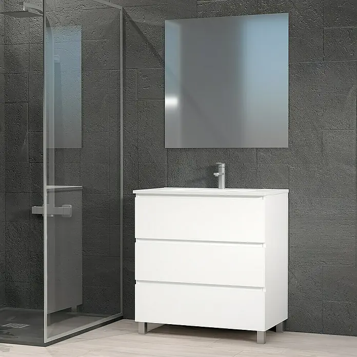 Artysan Conjunto de mueble de baño Patri - Ancho: 80 cm, 3 pzs., Blanco, Mate - Baño con mueble de lavabo blanco moderno, complementado con espejo y cabina de ducha, creando un espacio elegante y funcional.