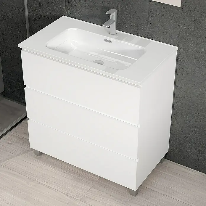 Artysan Conjunto de mueble de baño Patri - Ancho: 80 cm, 3 pzs., Blanco, Mate - Un elegante mueble de baño blanco con lavabo y tres cajones. Perfecto para un baño moderno.