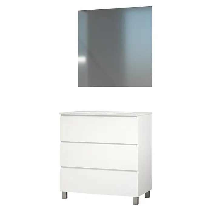 Artysan Conjunto de mueble de baño Patri - Ancho: 80 cm, 3 pzs., Blanco, Mate - La imagen muestra una cómoda blanca con tres cajones, complementada con patas plateadas y un espejo encima.