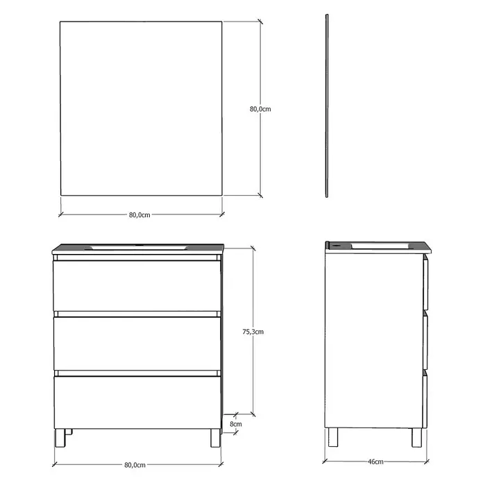 Artysan Conjunto de mueble de baño Patri - Ancho: 80 cm, 3 pzs., Blanco, Mate - Ilustración de un mueble de baño de 80x80x75,3 cm y un espejo de 80x80 cm.