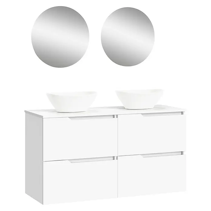 Artysan Conjunto de mueble de baño Zeus Top - 7 pzs., Blanco, Mate - Moderno conjunto de baño con doble lavabo en blanco y espejos redondos para un ambiente elegante.