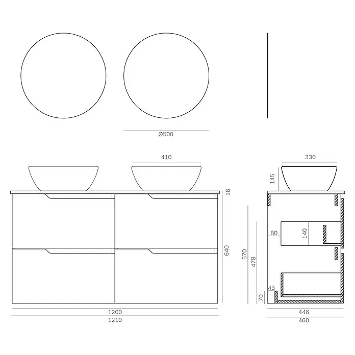 Artysan Conjunto de mueble de baño Zeus Top - 7 pzs., Blanco, Mate - Un dibujo técnico de un tocador de baño con dos lavabos y espejos redondos, que muestra las dimensiones del mueble.