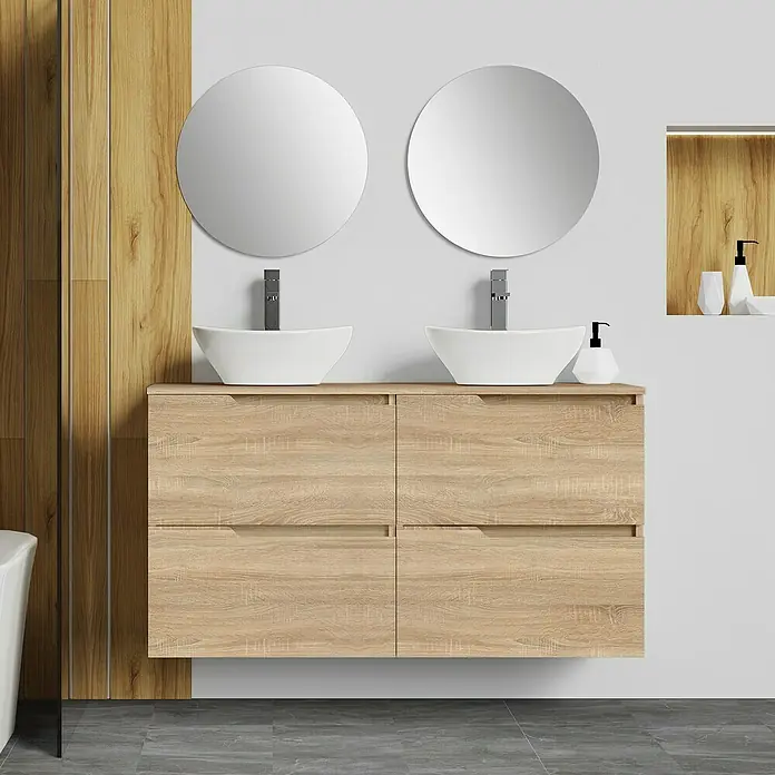 Artysan Conjunto de mueble de baño Zeus Top - 7 pzs., Natural, Mate - Mueble de baño con dos lavabos y espejos redondos. El diseño de madera añade un toque cálido al espacio.