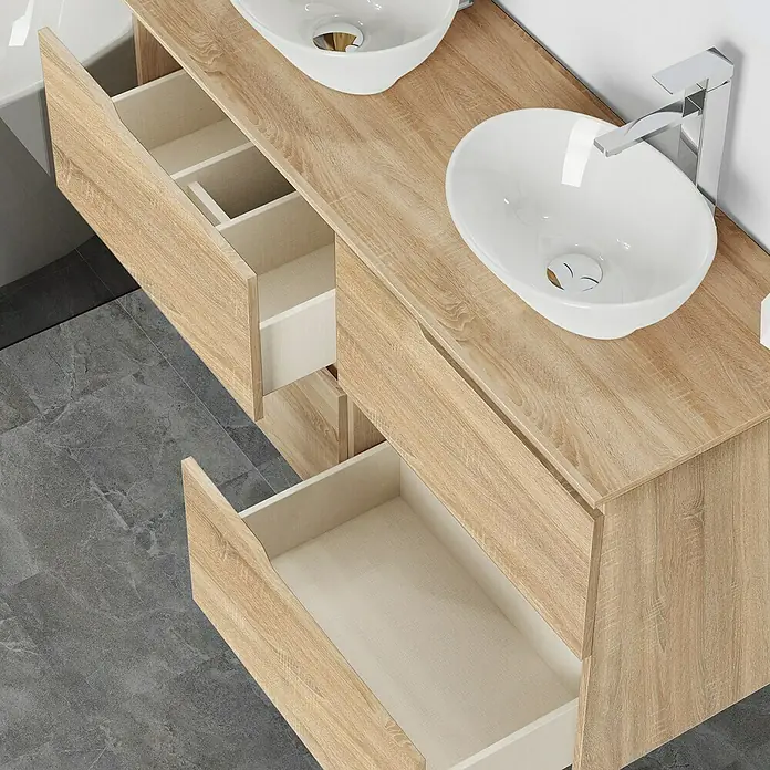 Artysan Conjunto de mueble de baño Zeus Top - 7 pzs., Natural, Mate - Tocador de baño en tono madera con dos lavabos blancos y cajones abiertos para elementos esenciales de baño. Diseño práctico.