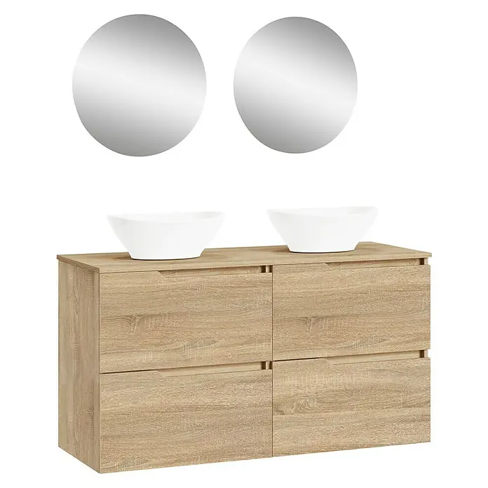 Artysan Conjunto de mueble de baño Zeus Top - 7 pzs., Natural, Mate - Moderno mueble de baño con dos lavabos y espejos redondos, aspecto roble. Diseño elegante para cualquier baño.
