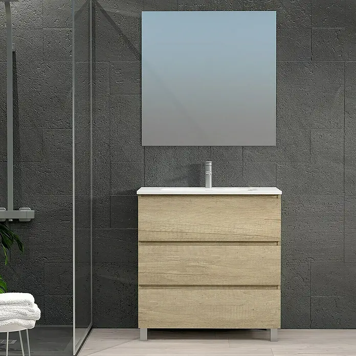 Artysan Conjunto de mueble de baño Patri - Ancho: 80 cm, 3 pzs., Nature, Mate - Mueble de baño con tres cajones y un lavabo encima, complementado con un espejo cuadrado en la pared.