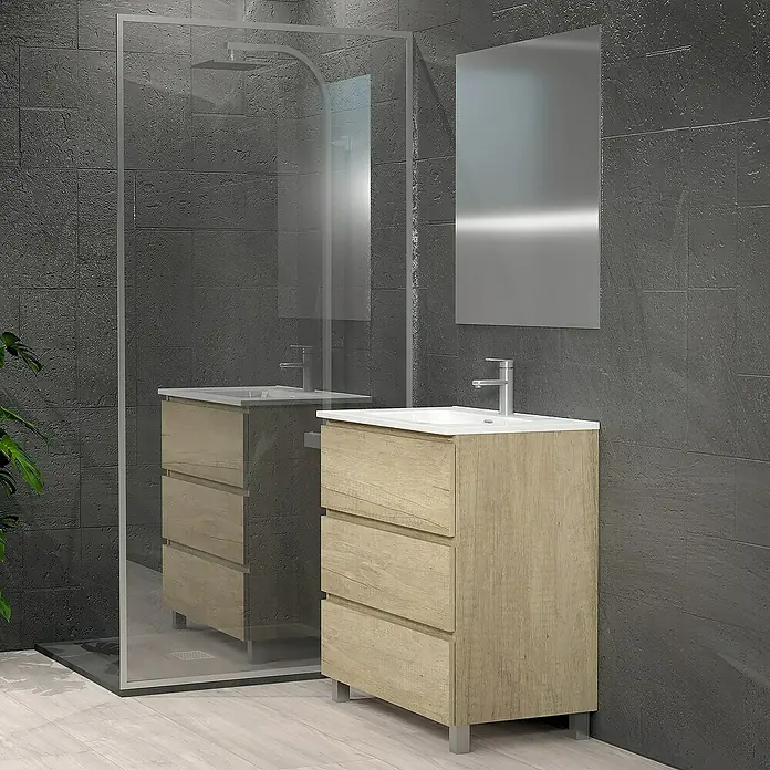 Artysan Conjunto de mueble de baño Patri - Ancho: 80 cm, 3 pzs., Nature, Mate - Baño con mueble de lavabo con aspecto de madera, lavabo y espejo contra una pared gris con ducha.